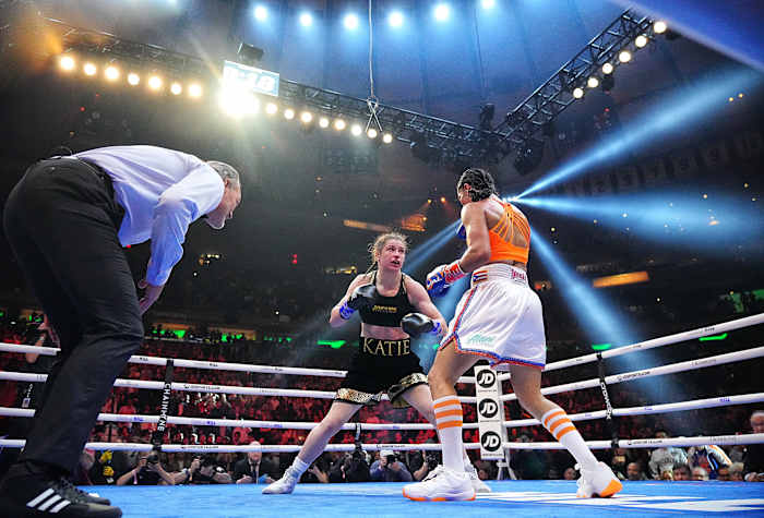 Katie Taylor and Amanda Serrano in the ring during their fight at Madison Square Garden